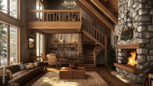 Wallpaper Mural Spacious living room with a stone fireplace, wooden mantel, and a staircase leading to a cozy loft. Torontodigital.ca