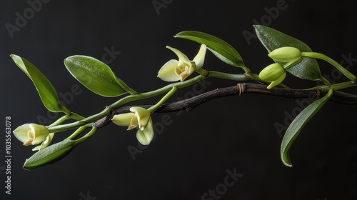 Vanilla orchid vine with elongated green seed pods