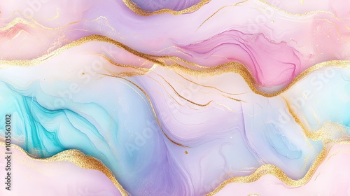 Wallpaper Mural This abstract artwork features a blend of pastel and aqua hues with shimmering gold accents, creating a sense of luxury and tranquility on a textured canvas. Torontodigital.ca