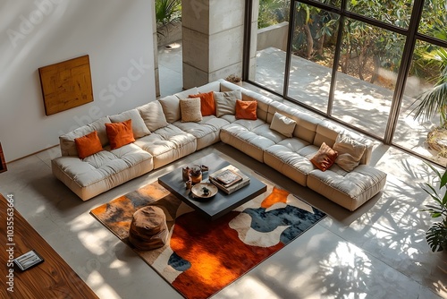 A stylish living room featuring a cozy beige sectional sofa with orange accents, a modern coffee table, and a colorful area rug in a bright, airy space.