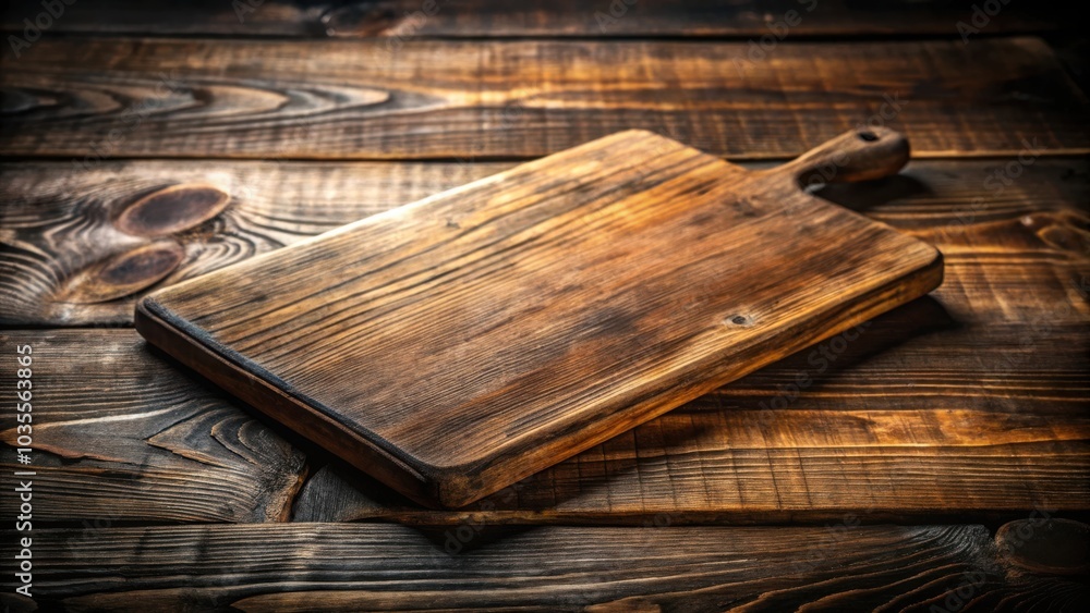 Rustic Wooden Cutting Board with Distinctive Grain and Warm Brown Tones on a Weathered Wooden Surface