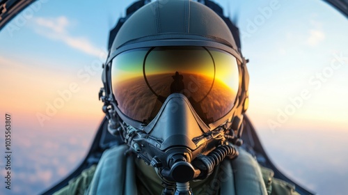 Close-up of a fighter jet cockpit, pilot looking out over a sunset horizon