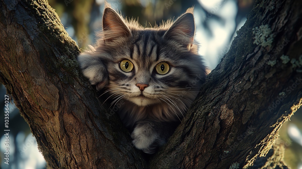 Norwegian Forest Cat Climbing a Tall Tree Norwegian Forest Cat Climbing a Tall Tree