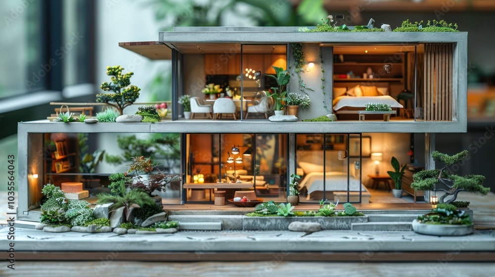 A cozy and detailed home model of a two-story loft apartment, showing a cozy living space filled with simple furniture and decorations. A cozy and detailed home model of a two-story loft apartment, showing a cozy living space filled with simple furniture and decorations.