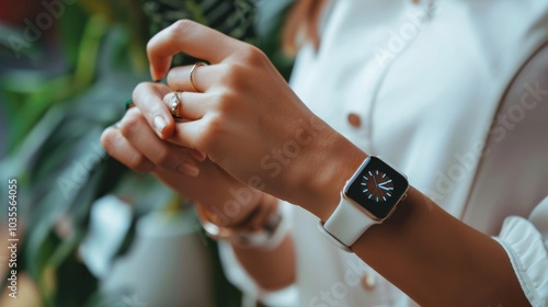 Woman using smartwatch and syncing it with mobile phone, wearable tech