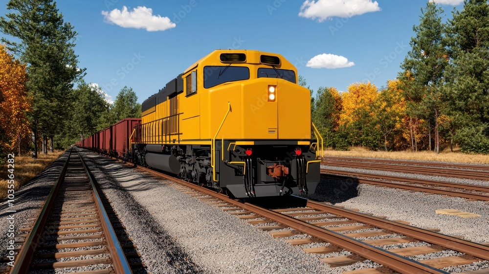 Fototapeta premium A vibrant yellow freight train traveling along tracks surrounded by autumn trees under a clear blue sky.