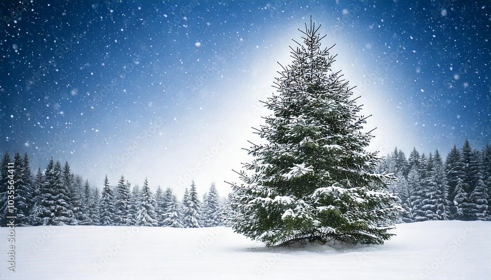 Naklejka premium Serene snowy landscape featuring a majestic christmas tree amidst a winter wonderland