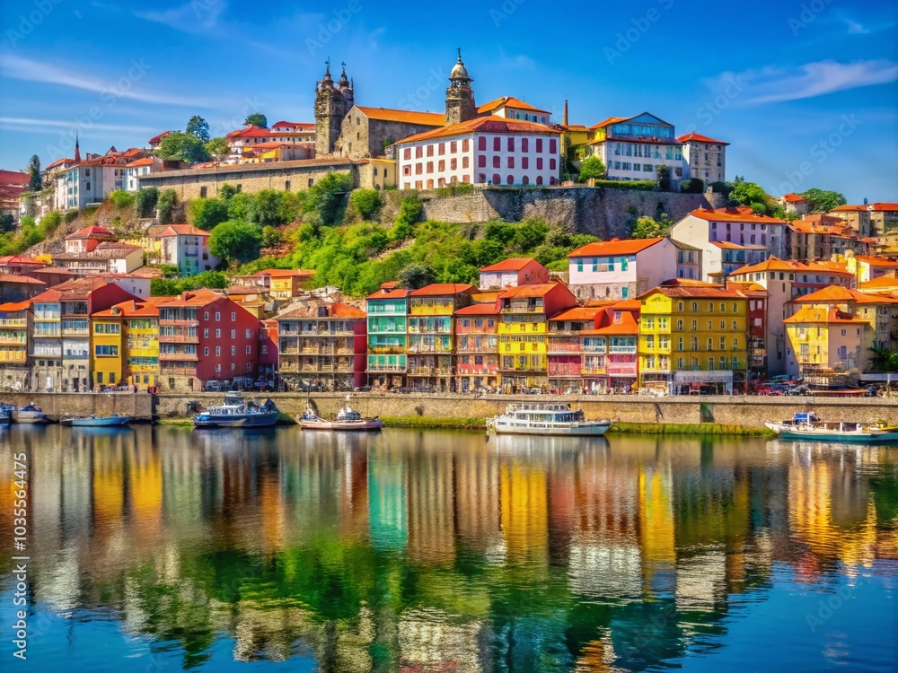 Naklejka premium Stunning Oporto Landscape: River, Architecture, and Hills of Portugal