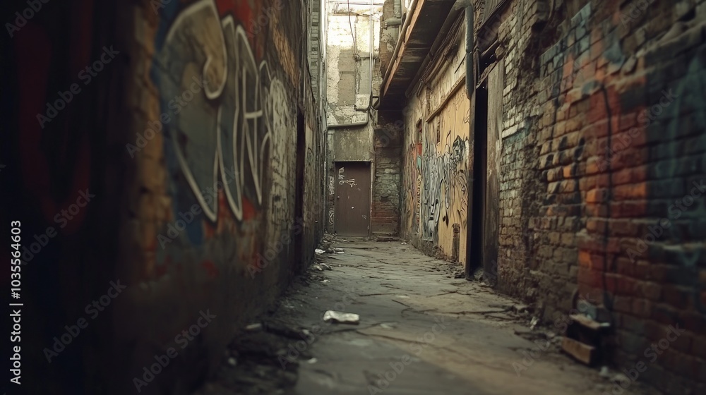 Fototapeta premium Urban decay, vibrant graffiti covers weathered walls, shadows loom in a narrow alley, a testament to street art's resilience amidst urban neglect