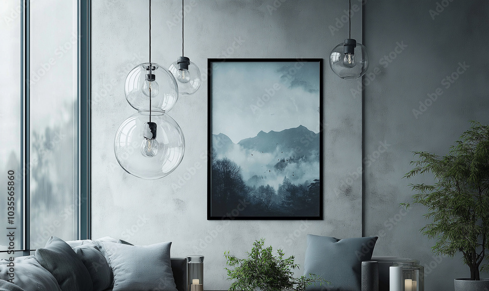 Fototapeta premium Nowocześnie zaaranżowany pokój z ramką na plakat na ścianie