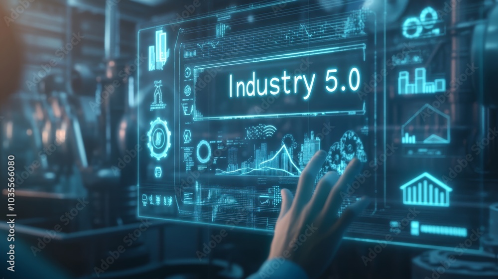 Fototapeta premium A person interacts with a digital interface displaying graphs and the term Industry 5.0, symbolizing advanced technological evolution in manufacturing.