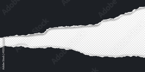 Black piece of paper with torn edges and soft shadow are on transparent background for text or ad.