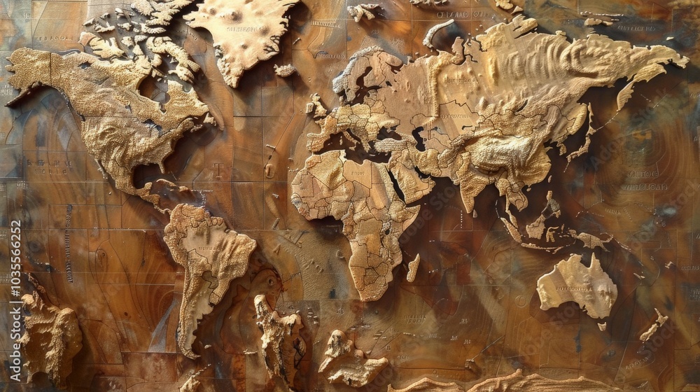 World map carved in wood, displaying intricate craftsmanship World map carved in wood, displaying intricate craftsmanship