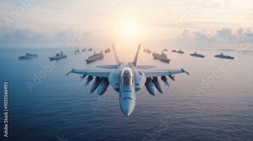US fighter jets patrolling over a naval fleet, ocean glistening below 