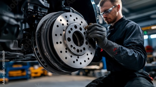 A mechanic inspects and repairs a vehicle's brake system, focusing on the brake rotor and ensuring safety.