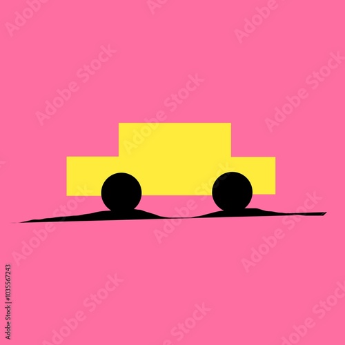 Abstract illustration of a yellow car with black wheels on a pink background.