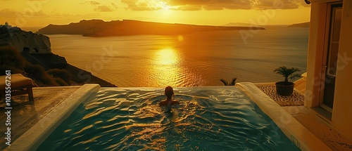 Fototapeta Naklejka Na Ścianę i Meble -  Cinematic street photo of a swimming woman, freestyle, swimming smoothly, flowing over the water, absolute calm water, swimming pool, wearing summer hat, Generative Ai