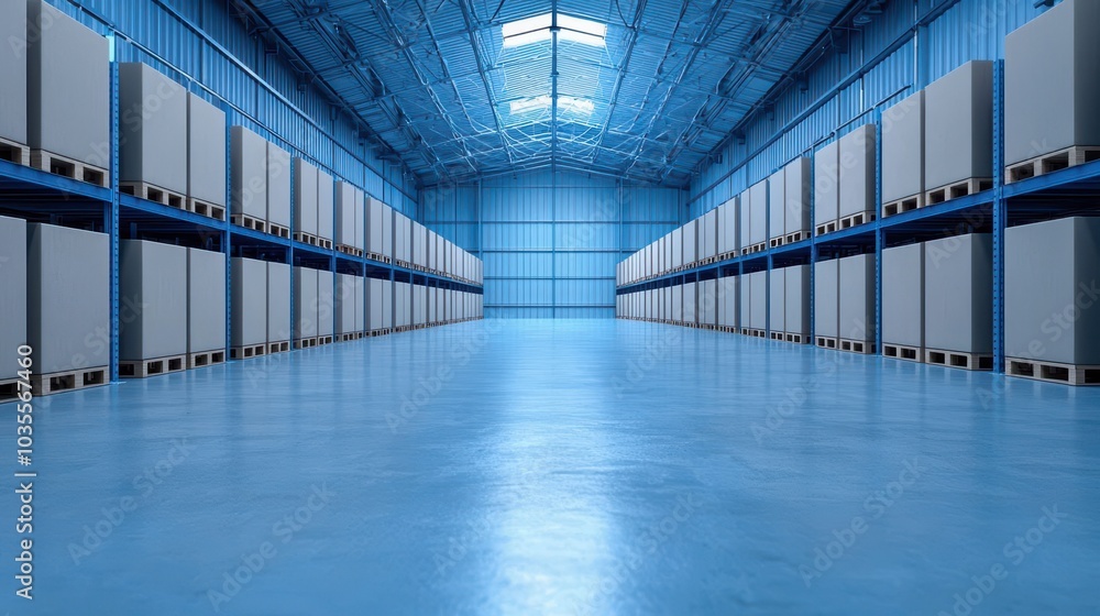 Spacious warehouse interior with neatly arranged shelving units and smooth floor, highlighting industrial storage space. Spacious warehouse interior with neatly arranged shelving units and smooth floor, highlighting industrial storage space.