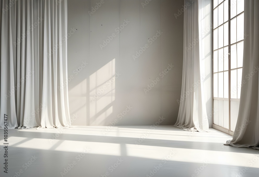A minimalist interior with white curtains and a concrete wall, creates a serene and calming atmosphere A minimalist interior with white curtains and a concrete wall, creates a serene and calming atmosphere