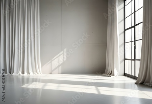 A minimalist interior with white curtains and a concrete wall, creates a serene and calming atmosphere