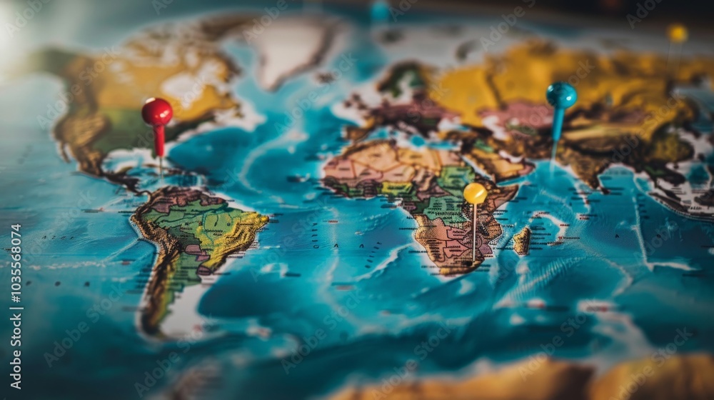 World map with pins and strings tracing travel adventures and routes World map with pins and strings tracing travel adventures and routes