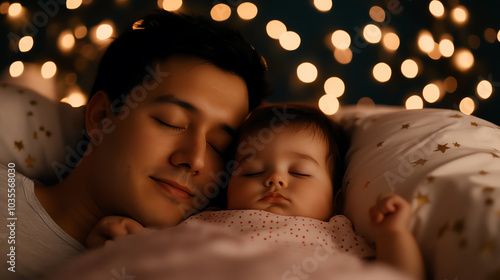 A peaceful moment of a father and his sleeping baby, surrounded by warm ambient lights, capturing the essence of love and tranquility in family life. photo