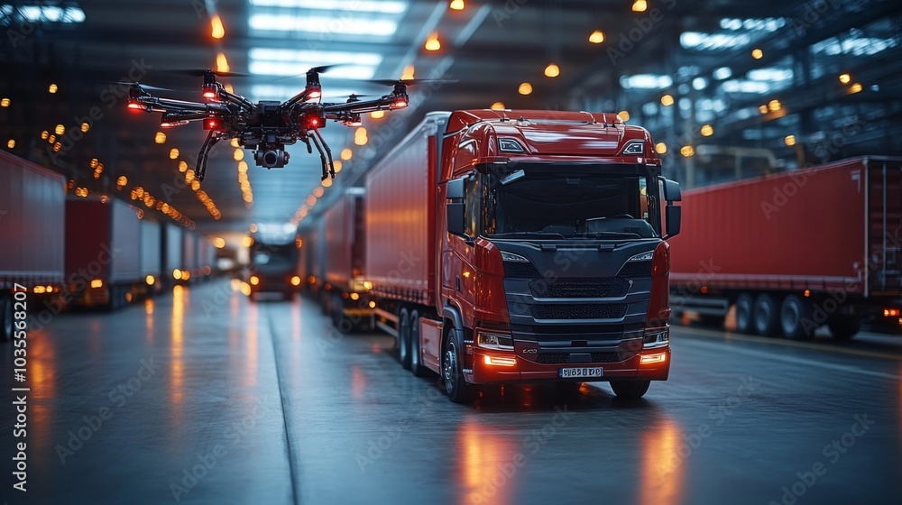 A red delivery truck is positioned inside a bustling warehouse, while a drone hovers overhead, demonstrating efficient logistics operations during twilight hours. A red delivery truck is positioned inside a bustling warehouse, while a drone hovers overhead, demonstrating efficient logistics operations during twilight hours.