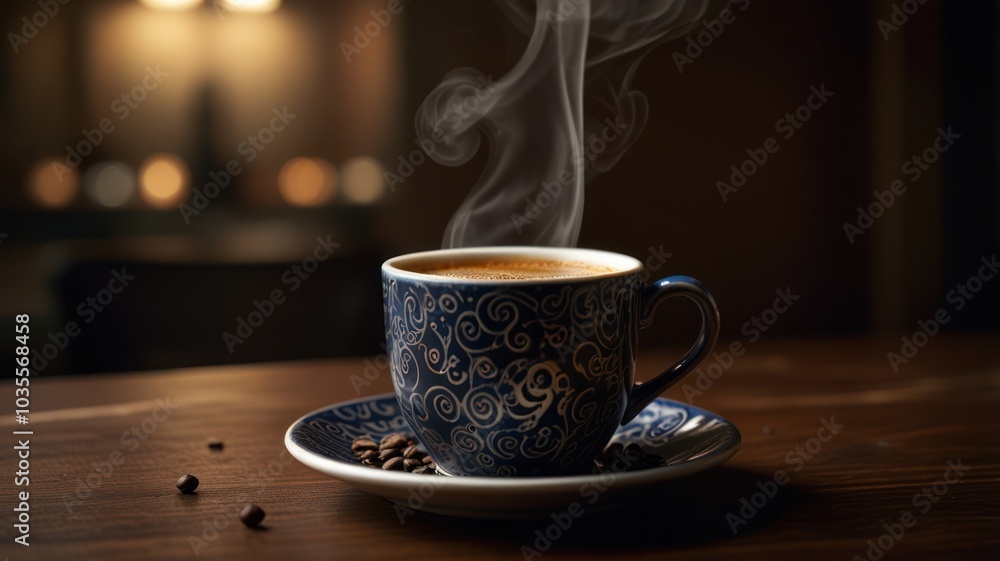 A steaming cup of coffee with a decorative design sits on a wooden table with coffee beans. A steaming cup of coffee with a decorative design sits on a wooden table with coffee beans.
