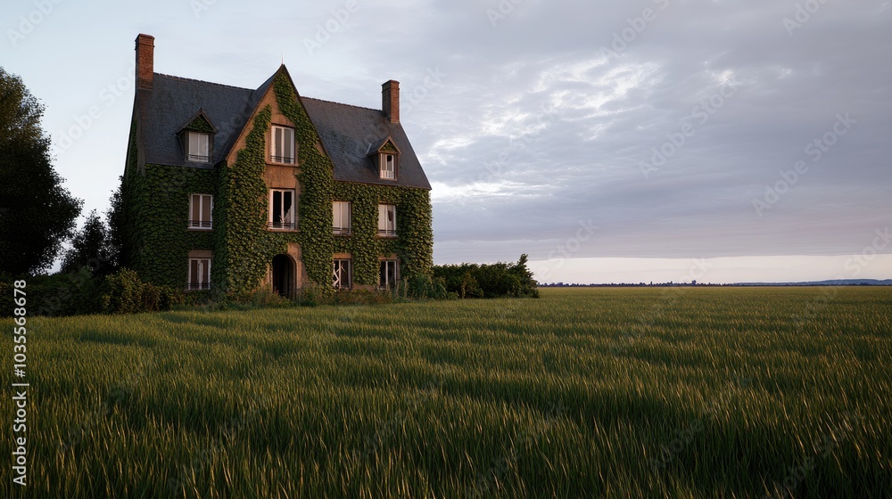 An old ch?teau in France, covered in ivy and surrounded by greenery, shows signs of neglect with broken windows and an eerie atmosphere An old ch?teau in France, covered in ivy and surrounded by greenery, shows signs of neglect with broken windows and an eerie atmosphere