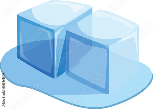 Illustration featuring two melting ice cubes on a light blue surface, representing concepts of coldness, refreshment, and the passage of time