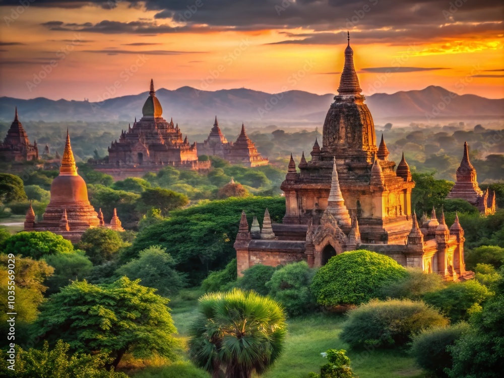 Obraz premium Stunning Sunset at Thatbyinnyu Temple, Bagan – Majestic Views of Myanmar's Highest Pagoda