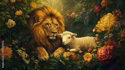 An enchanting illustration of a lion and a lamb living together harmoniously in a beautiful garden paradise.  photo