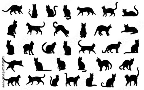 Set of cats silhouette in different poses. Hand drawn black cats  isolated on white background. Vector illustration of Halloween decorative elements for design decor.