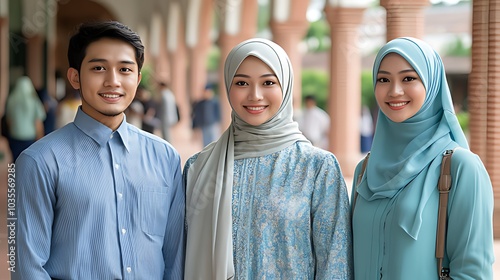 Three young adults, a man and two women wearing headscarves, stand together smiling at the camera in an outdoor setting.