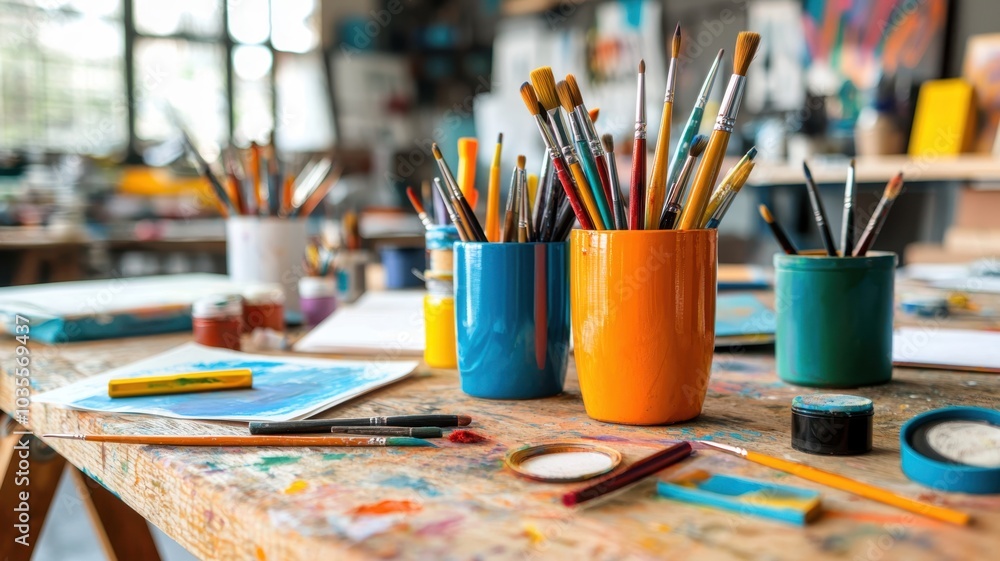 Energetic Workspace Bursting with Art Supplies for Creative Expression - Copy Space Available Energetic Workspace Bursting with Art Supplies for Creative Expression - Copy Space Available