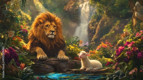 A mythical scene depicting a majestic lion and a gentle lamb peacefully coexisting in a lush paradise garden. The vibrant flora and serene atmosphere symbolize harmony and the transcendence