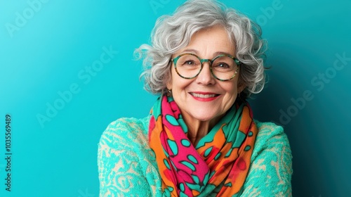 smiling old lady with round hipster glasses and a colorful scarf, striking a playful pose against a bold turquoise background