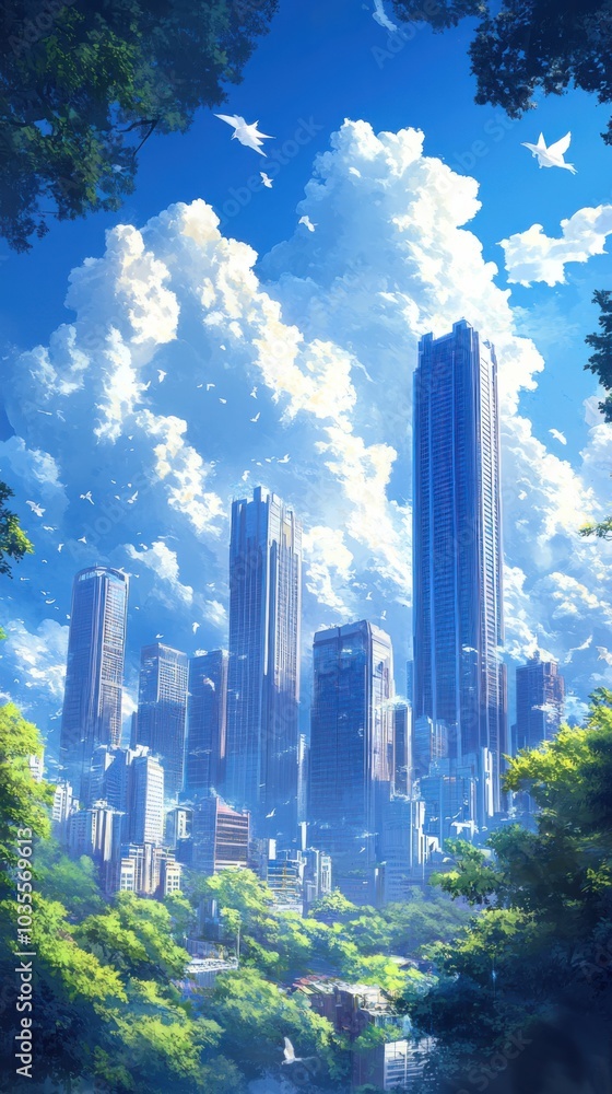 A vibrant city skyline under a clear blue sky with towering skyscrapers and lush greenery. A vibrant city skyline under a clear blue sky with towering skyscrapers and lush greenery.