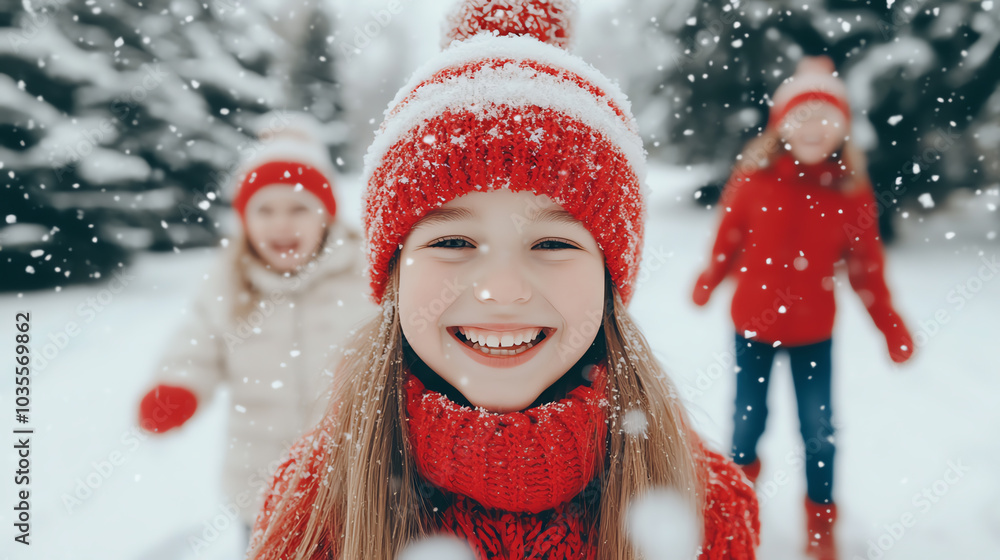 Three joyful children in winter attire play in the snow, smiling broadly. Fluffy snowflakes fall around them, creating a magical winter wonderland. Three joyful children in winter attire play in the snow, smiling broadly. Fluffy snowflakes fall around them, creating a magical winter wonderland.