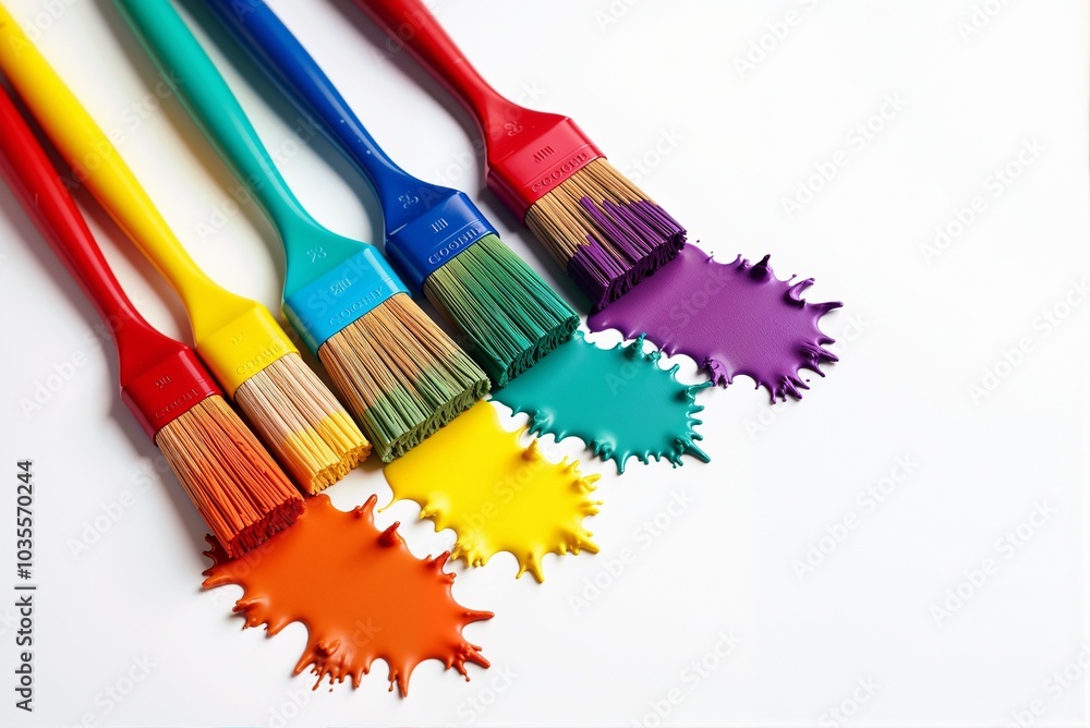 Fototapeta premium Colorful paint brushes with splashes on a white background