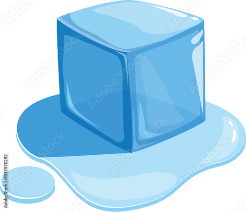 Cartoon style blue ice cube is melting over a white background, creating a puddle of water
