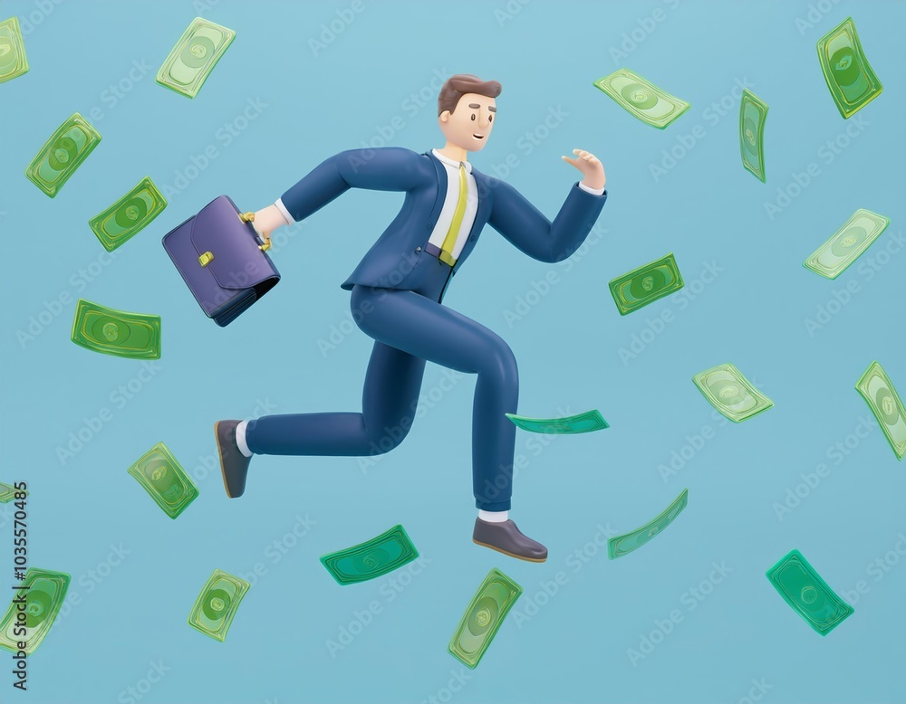 A businessman running through a rain of money, 3D illustration A businessman running through a rain of money, 3D illustration