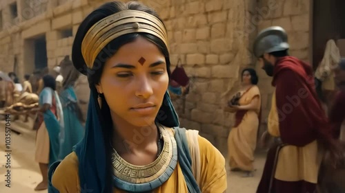 A woman from ancient era standing in a street