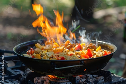 A portable LPG gas stove being used for outdoor camping, with food cooking over a flame. MZ