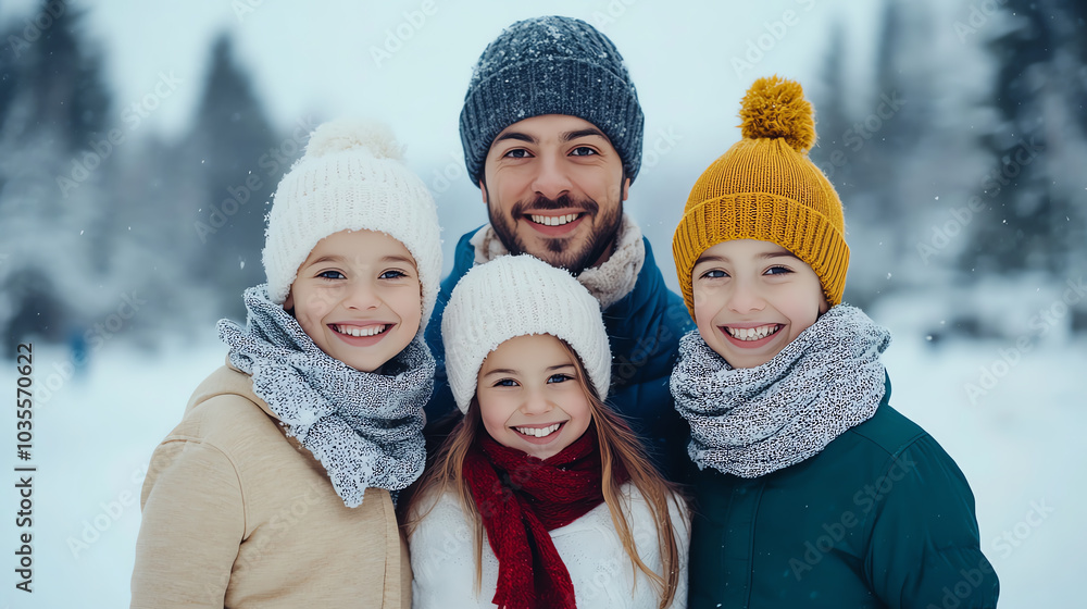 A joyful family portrait in a snowy landscape, featuring a father with three children, all wearing warm winter outfits and smiling together. A joyful family portrait in a snowy landscape, featuring a father with three children, all wearing warm winter outfits and smiling together.
