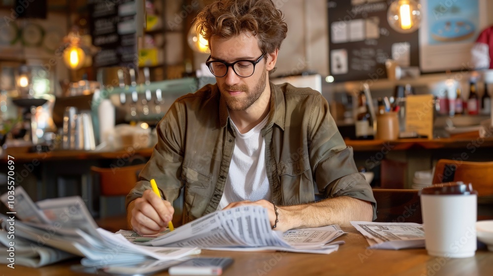 Young adult at a cafe calculating expenses with receipts and cash on table Young adult at a cafe calculating expenses with receipts and cash on table