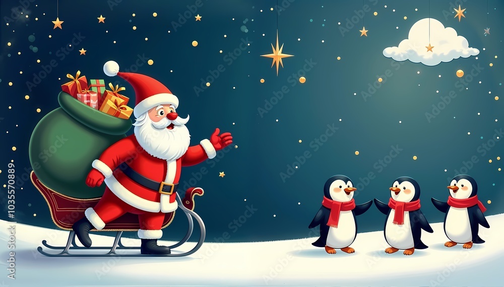 Obraz premium Charming Merry Christmas illustration with Santa Claus in his sleigh delivering gifts while smiling penguins accompany him in a nighttime setting full of stars and magic.
