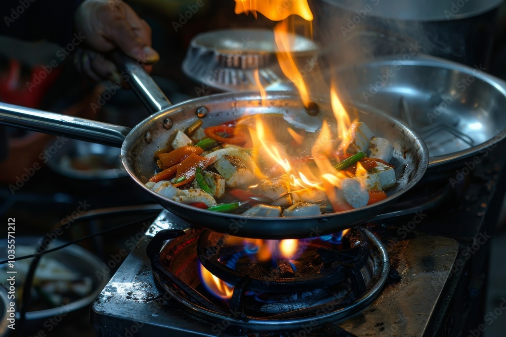 A portable LPG gas stove being used for outdoor camping, with food cooking over a flame. MZ A portable LPG gas stove being used for outdoor camping, with food cooking over a flame. MZ