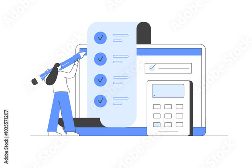 Budget bookkeeping. Paperwork. Character accounting debit and credit, calculating bills and income taxes. Financial management concept. Flat Cartoon Vector Illustration. Minimalist line, abstract