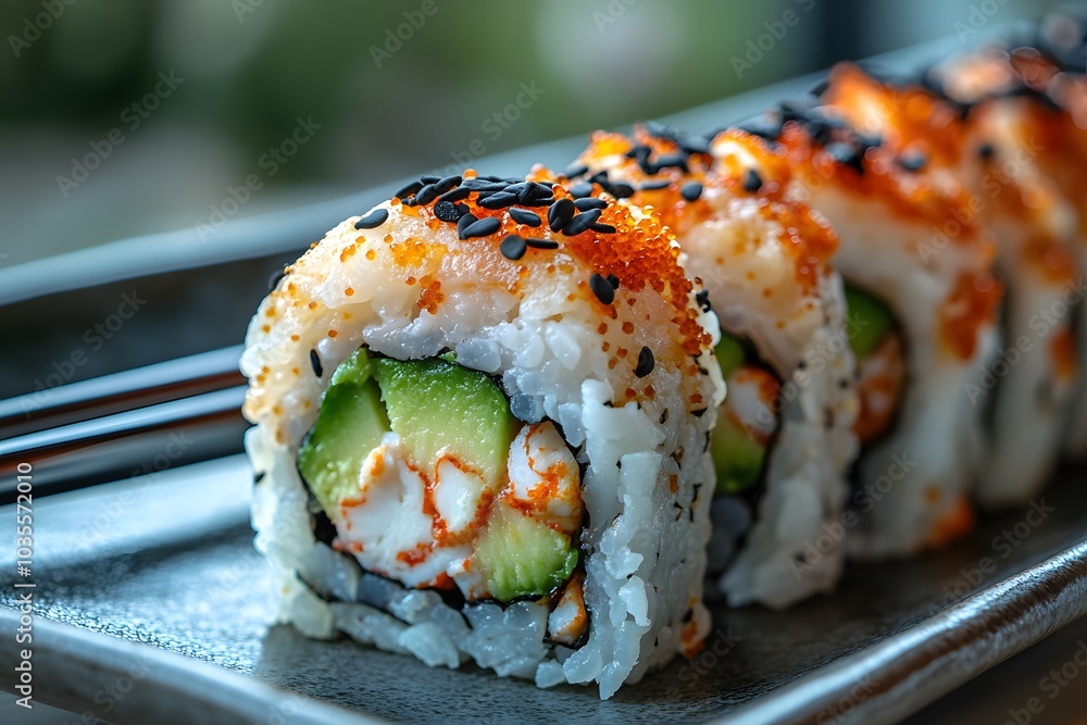 Sushi Roll With Crab, Avocado, And Rice, Topped With Black Sesame Seeds Sushi Roll With Crab, Avocado, And Rice, Topped With Black Sesame Seeds